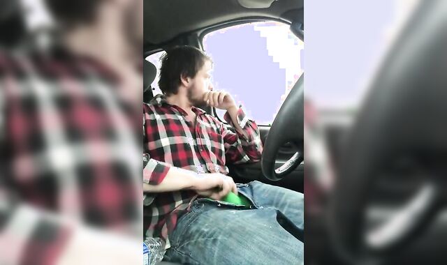 Stroking my big cock while driving