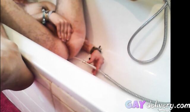 Twink Uses Shower Head for Enema and Masturbates
