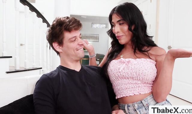 TS babysitter gets her tits sucked by spoil brat