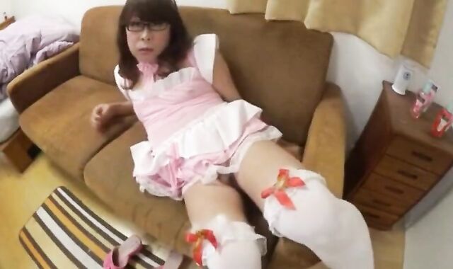 Mature Asian CD in White Stockings Plays with Sex Toy